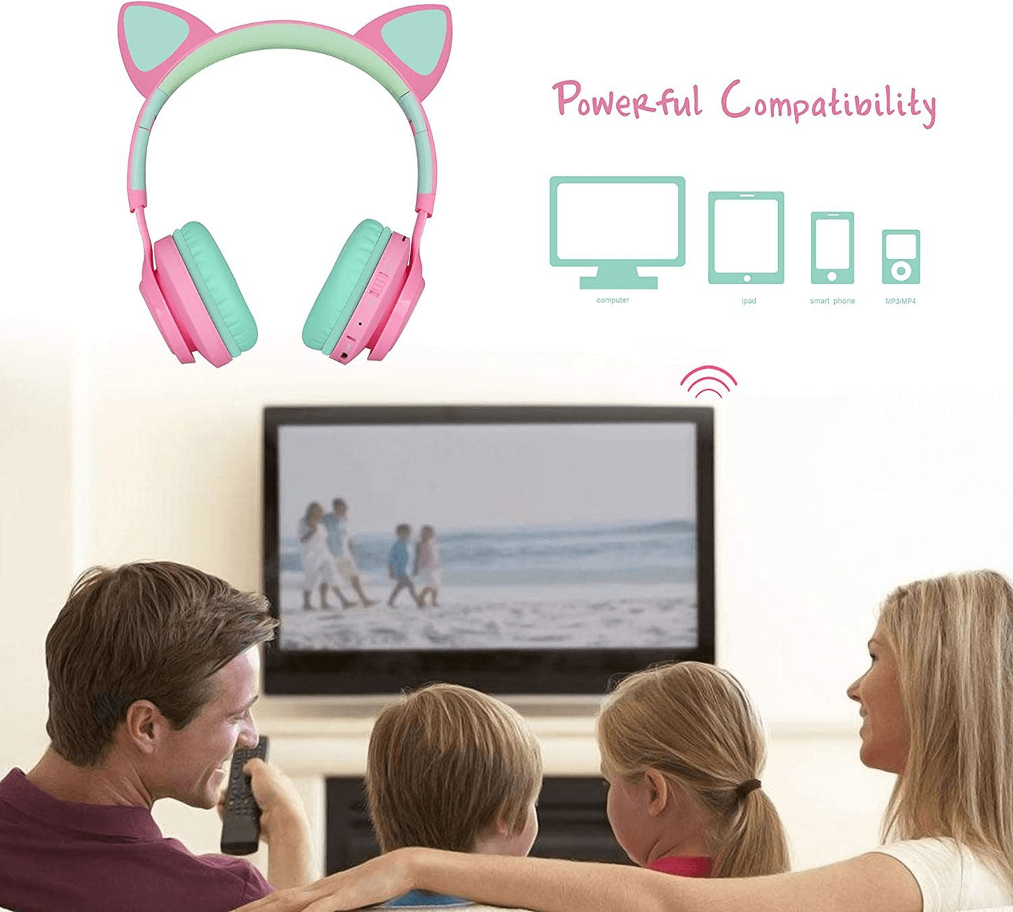 CT-7 Cat Ear Bluetooth Headphones for Kids - LED Light Up, Wireless Over Ear with Microphone & Volume Control - Perfect for Travel, School & Devices (Pink & Green)