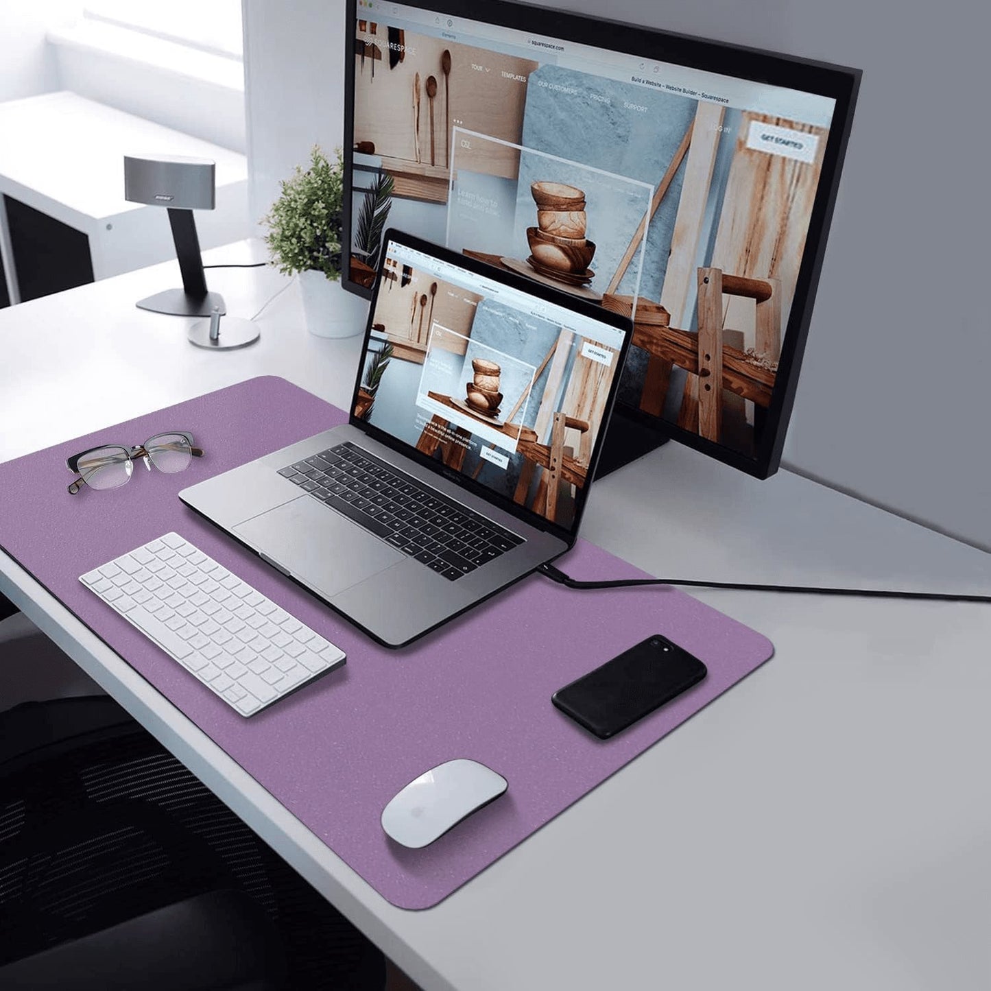 Premium PU Leather Desk Pad - Large 24” x 14” Waterproof Blotter with Suede Base, Multi-Color Non-Slip Mouse Pad (Violet)