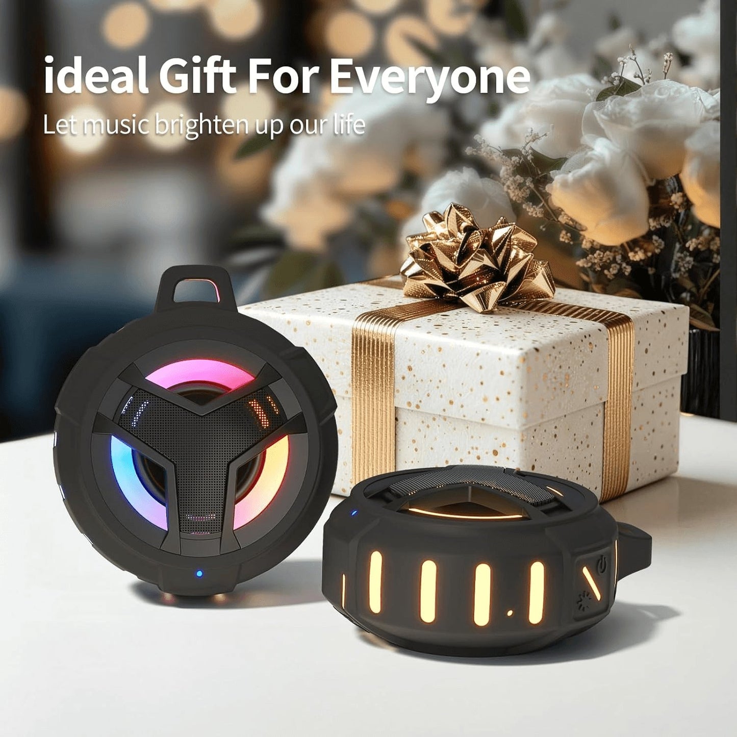 Waterproof Bluetooth Shower Speaker - Portable LED Wireless Speaker with True Wireless Stereo and 2000mAh Battery, Floats on Water - Ideal for Kayaking, Beach Activities, and Gift Giving - Black