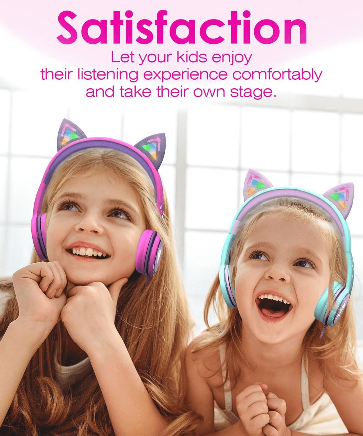 Children's LED Cat Ear Headphones - Safe 85dB Volume Limiting, Comfortable On-Ear Design, Tangle-Free Cables for Tablets and Travel - Teal and Light Purple