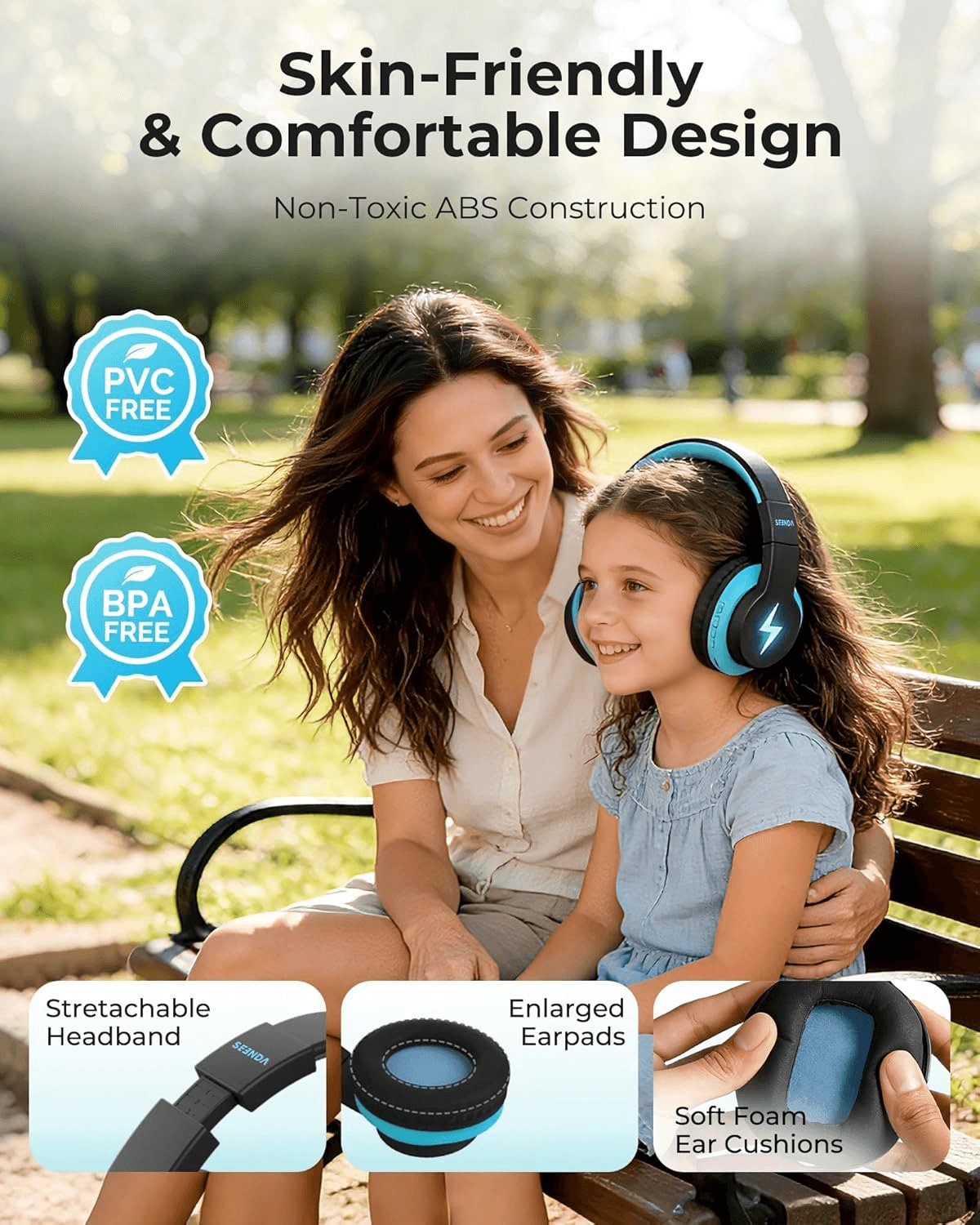 Children's Bluetooth Headphones - Wireless, Volume-Limited, 45 Hours Playtime, Built-In Microphone & Auxiliary Cord - Ideal for School - Black and Blue