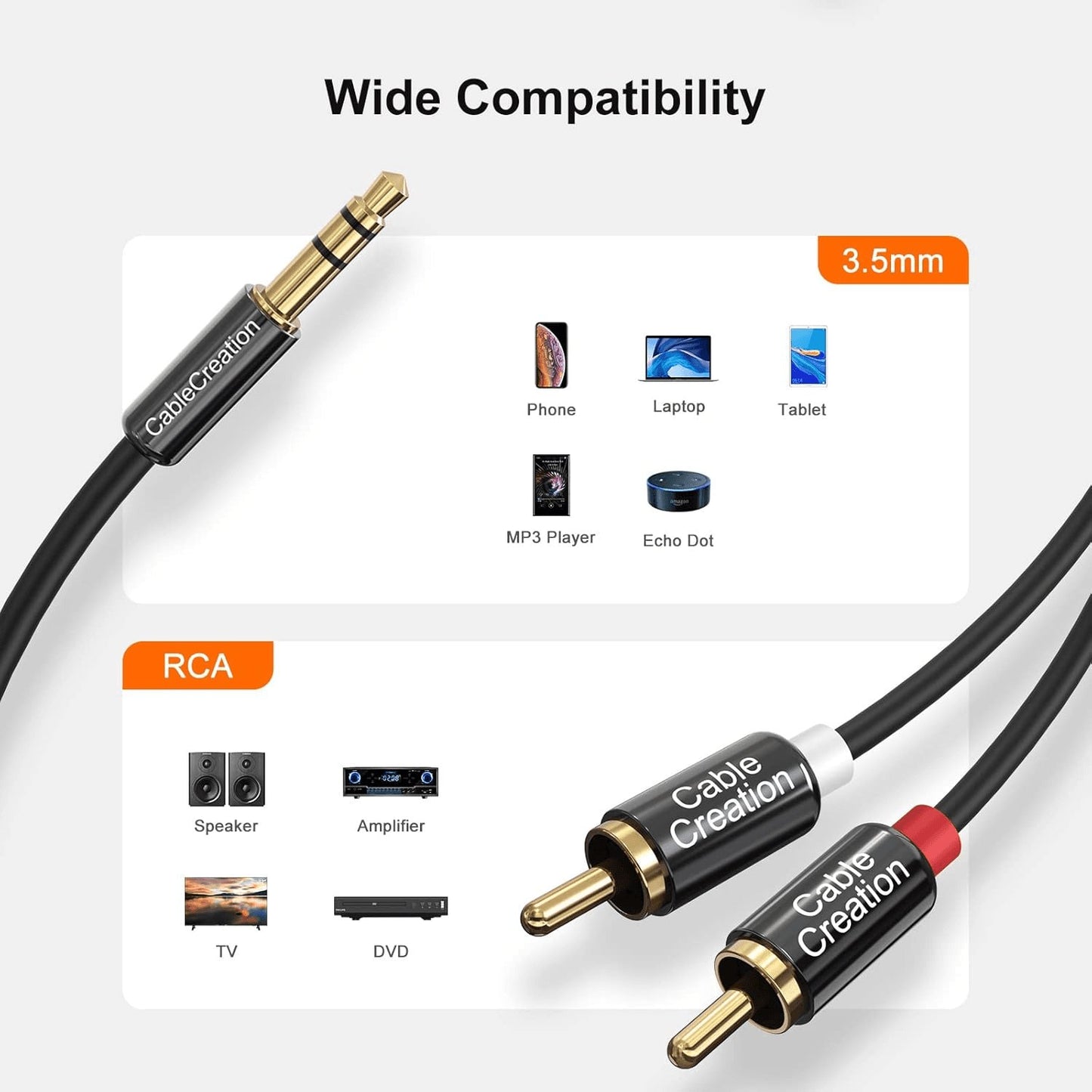 3M Premium RCA Audio Cable - 3.5mm Male to Dual Male RCA Y Splitter for Enhanced Stereo Sound, Black