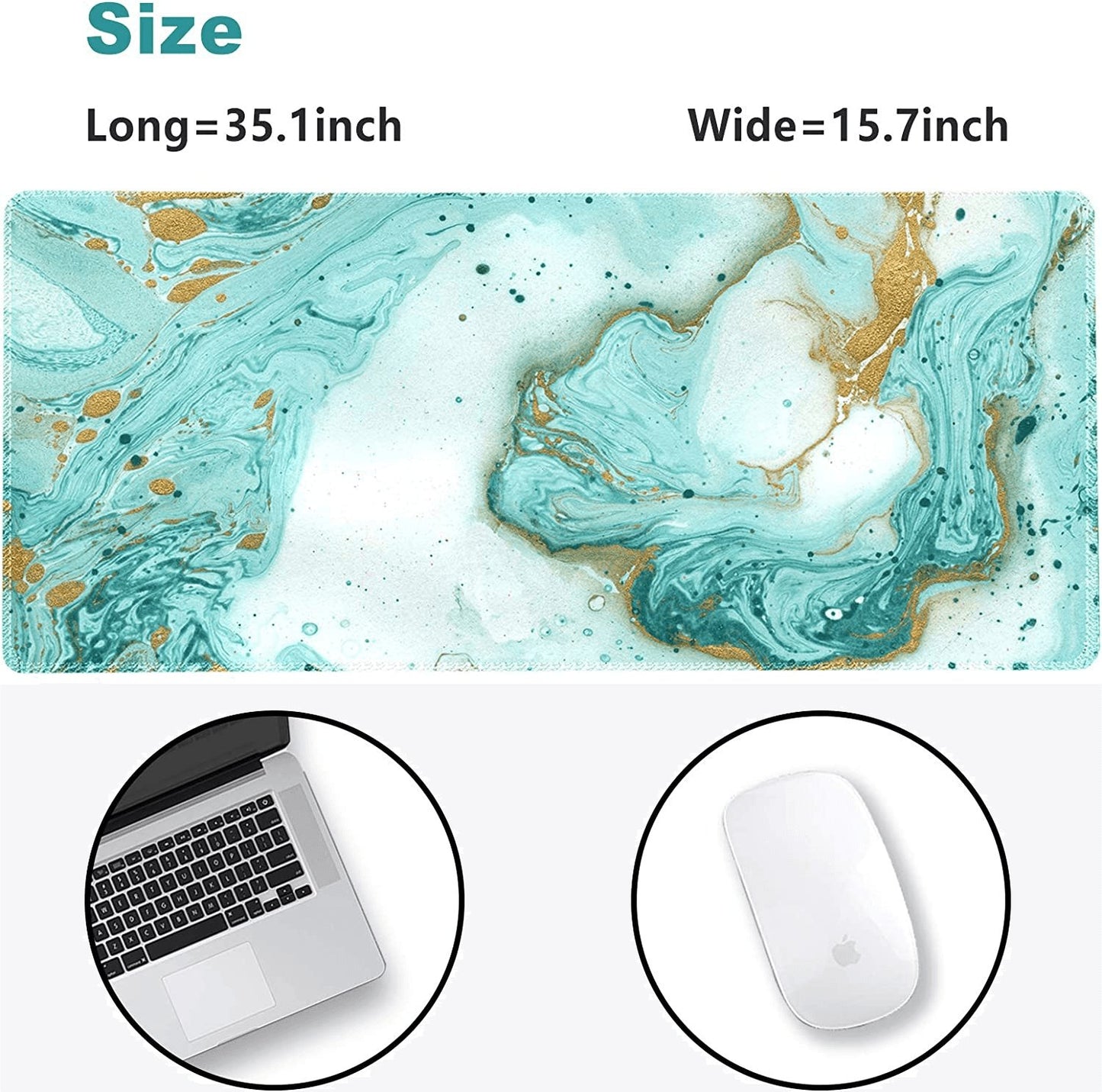 XXL Extended Gaming Mouse Pad - Non-Slip Rubber Base, Stitched Edges, Teal Turquoise Marble Design - Perfect for Work, Gaming, and Home Office - 35.1 x 15.7 Inches