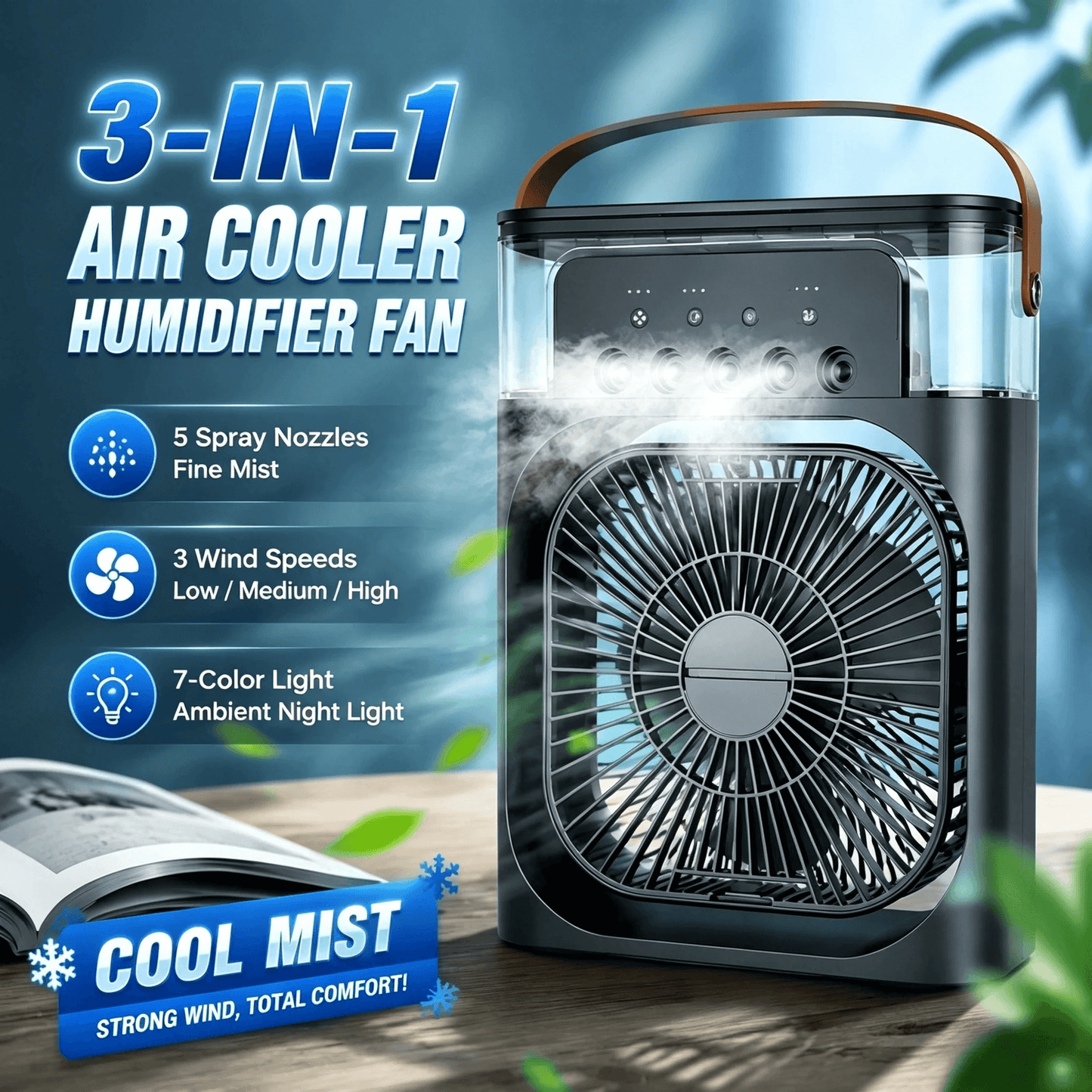Portable 3-in-1 Air Cooler with LED Night Light