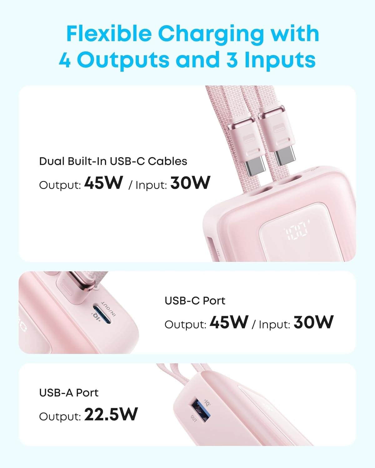 Anker Zolo Power Bank (2025 Upgraded Version), 45W Max Fast Charging, 20,000Mah Battery Pack, Dual Built-In USB-C Cables, USB-C&A Port, for Iphone 17/16 Series, Galaxy, Macbook, and More