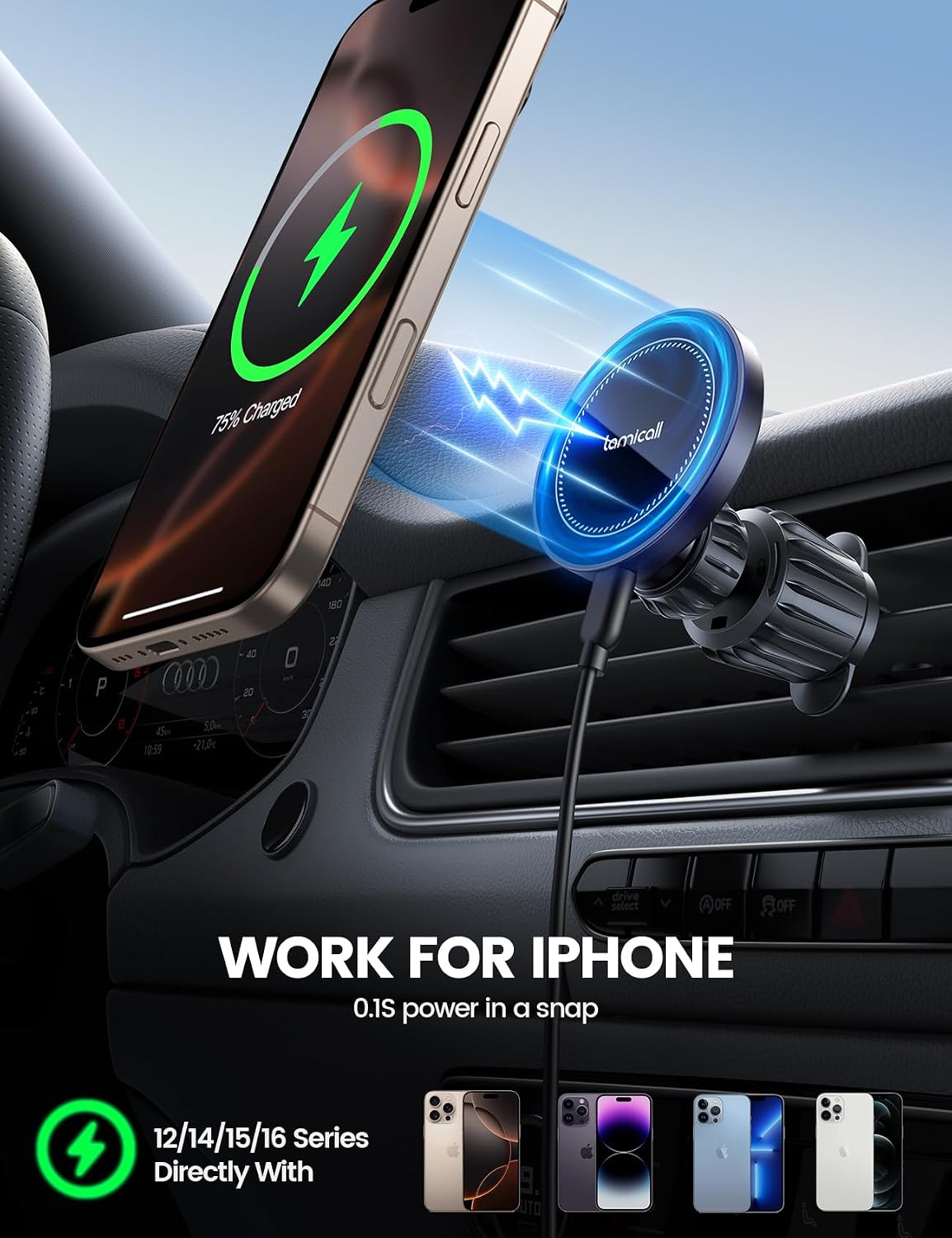 15W for Magsafe Car Mount Charger Vent Dashboard 360° for Iphone | 20X Strong Magnets Wireless Car Phone Holder Charger Phone Holder Accessories for Women Men for Iphone 17 16 15 Pro Max Black