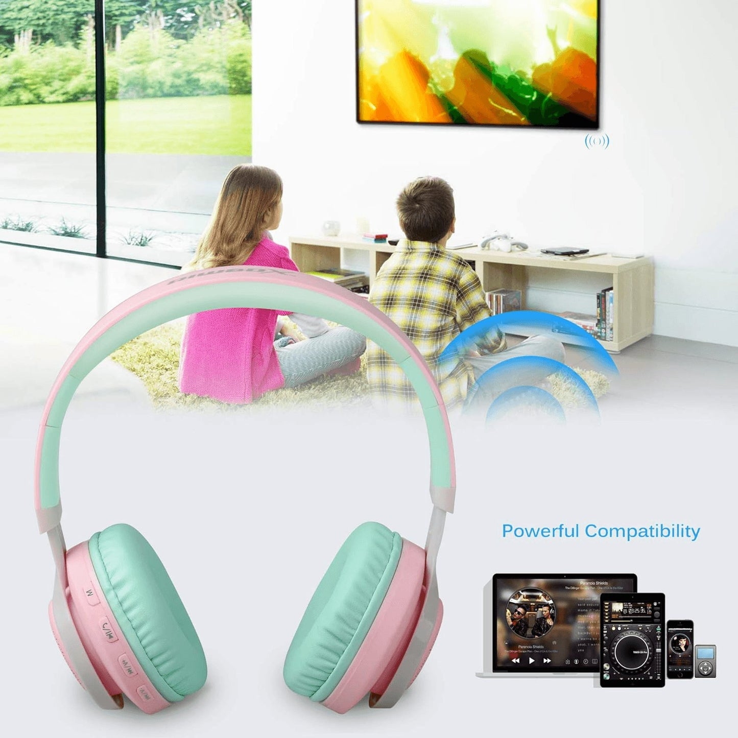 WT-7S Wireless Bluetooth Headphones with Microphone and Volume Control - Foldable Stereo Headset for PC, Tablet, TV, and Travel (Pink Green)