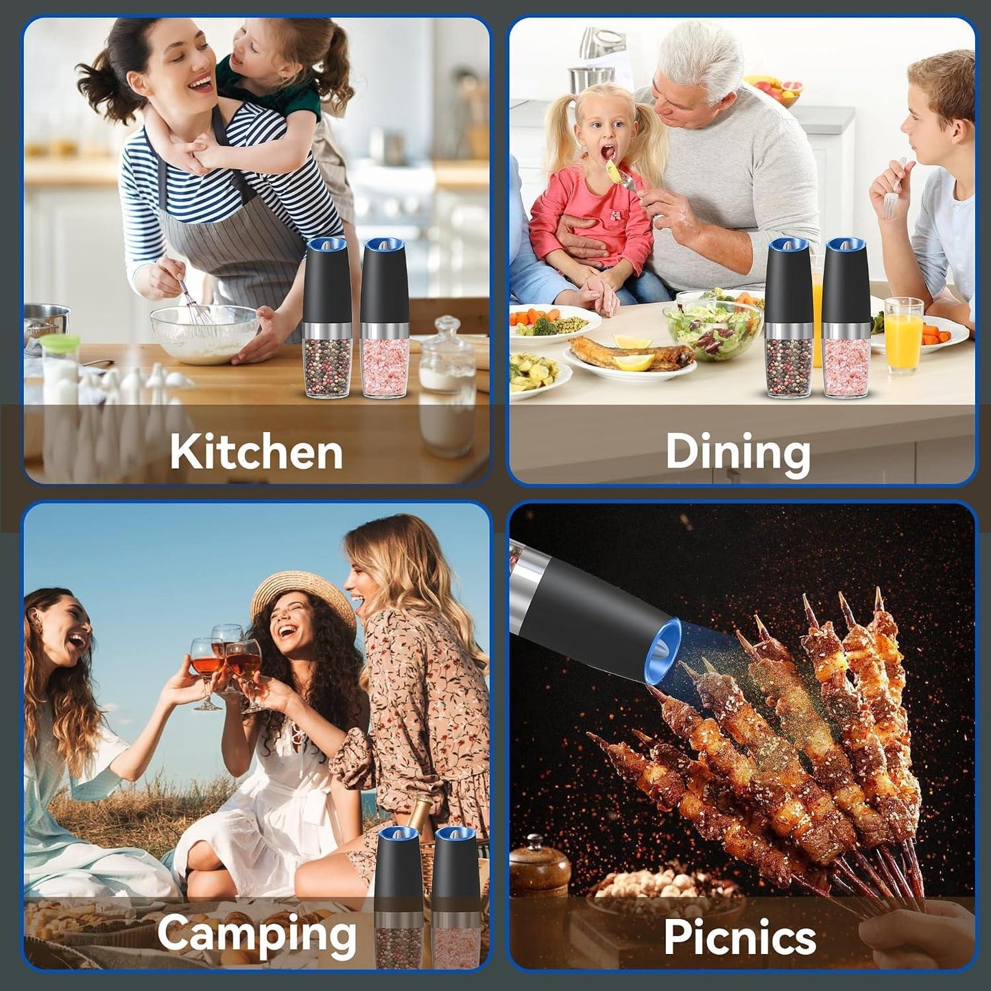 Battery Operated Gravity Electric Salt and Pepper Grinder Set, Automatic Salt and Pepper Grinder Set, Adjustable Roughness,12 Batteries Required, LED Light, 2 Pack, (Black)