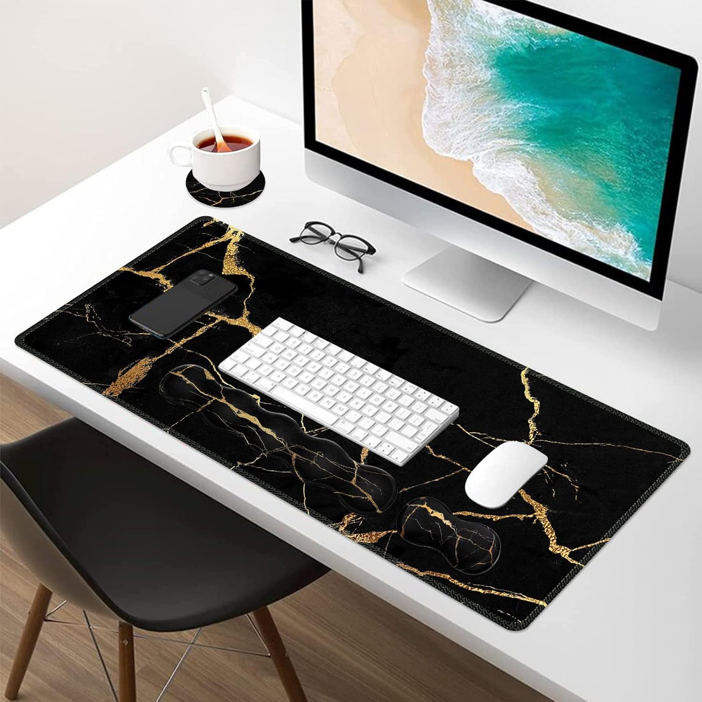 Large Gaming Mouse Pad Set with Wrist Support & Coaster - Stylish Black Gold Marble Desk Mat for Pain Relief & Comfort in Home Office - 35.4x15.7 inches
