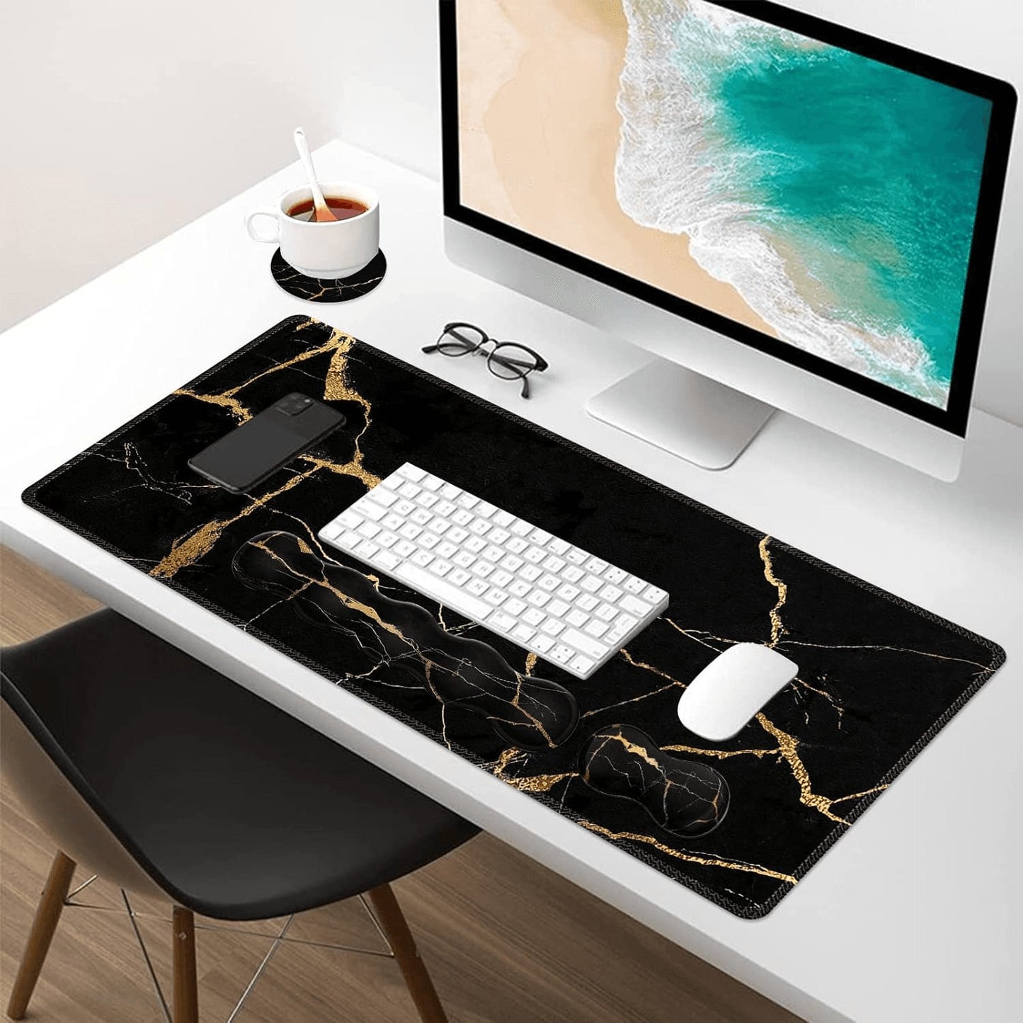 Large Gaming Mouse Pad Set with Wrist Support & Coaster - Stylish Black Gold Marble Desk Mat for Pain Relief & Comfort in Home Office - 35.4x15.7 inches