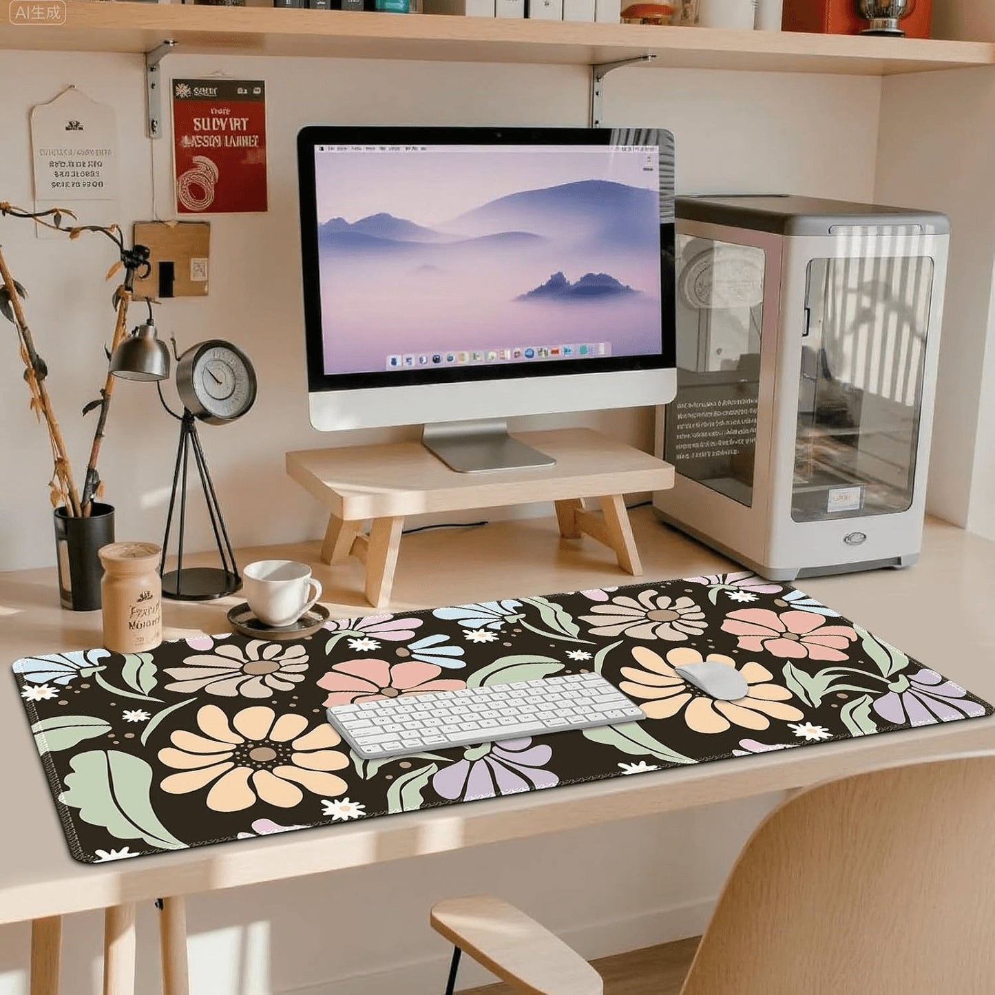 XXL Floral Gaming Mouse Pad - Non-Slip Black Desk Mat with Stitched Edges for Office, Home & School