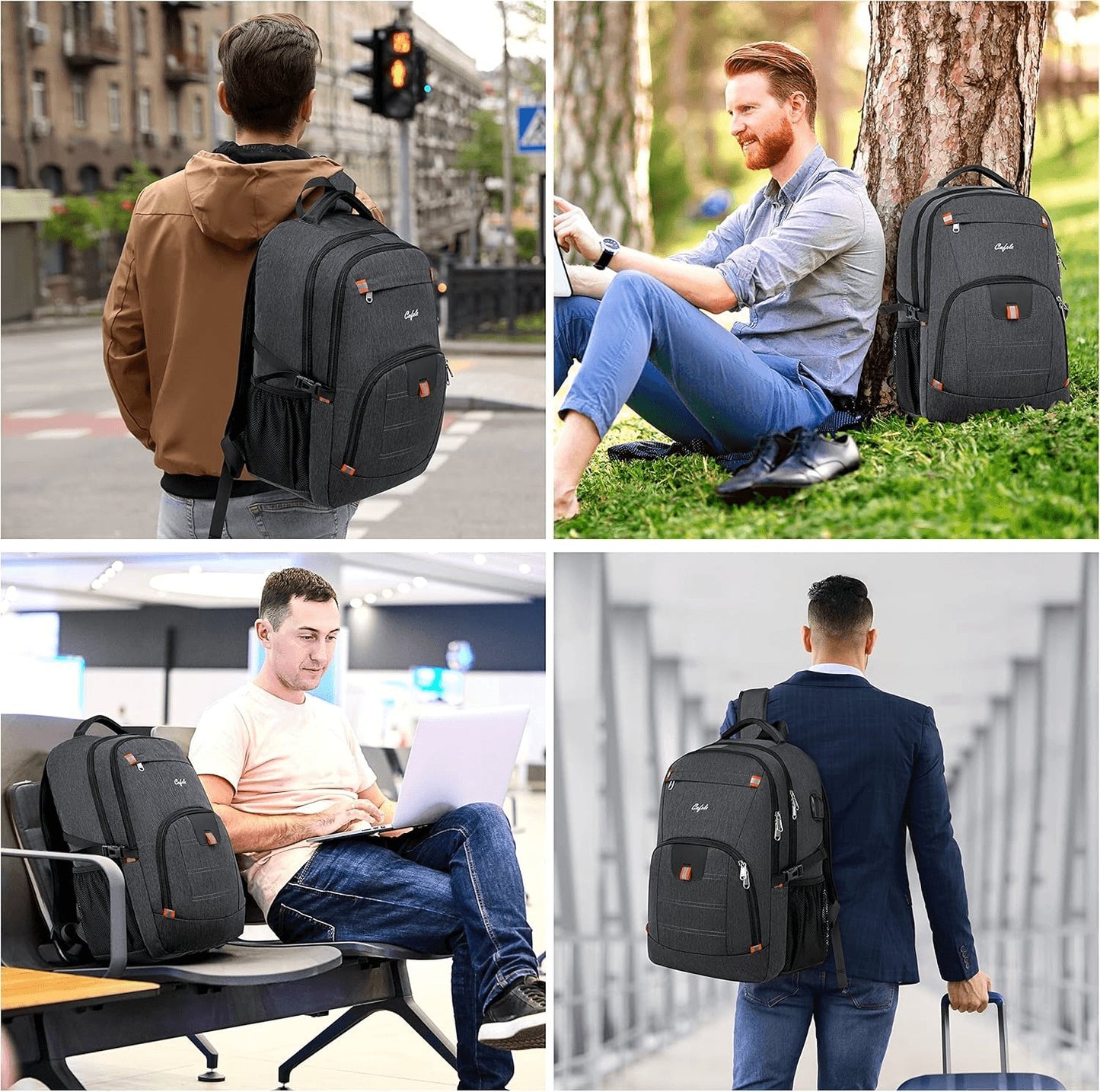 Waterproof 17" Laptop Backpack - Large Capacity Rucksack with USB Charging Port for School, Work & Travel - Stylish Grey Design for Men & Women