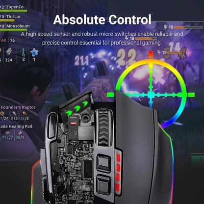 M801 Wireless RGB Gaming Mouse - 9 Programmable Macro Buttons, 16000 DPI, Rapid Fire for Ultimate Gaming Performance - Compatible with Windows and PC, Sleek Black Design