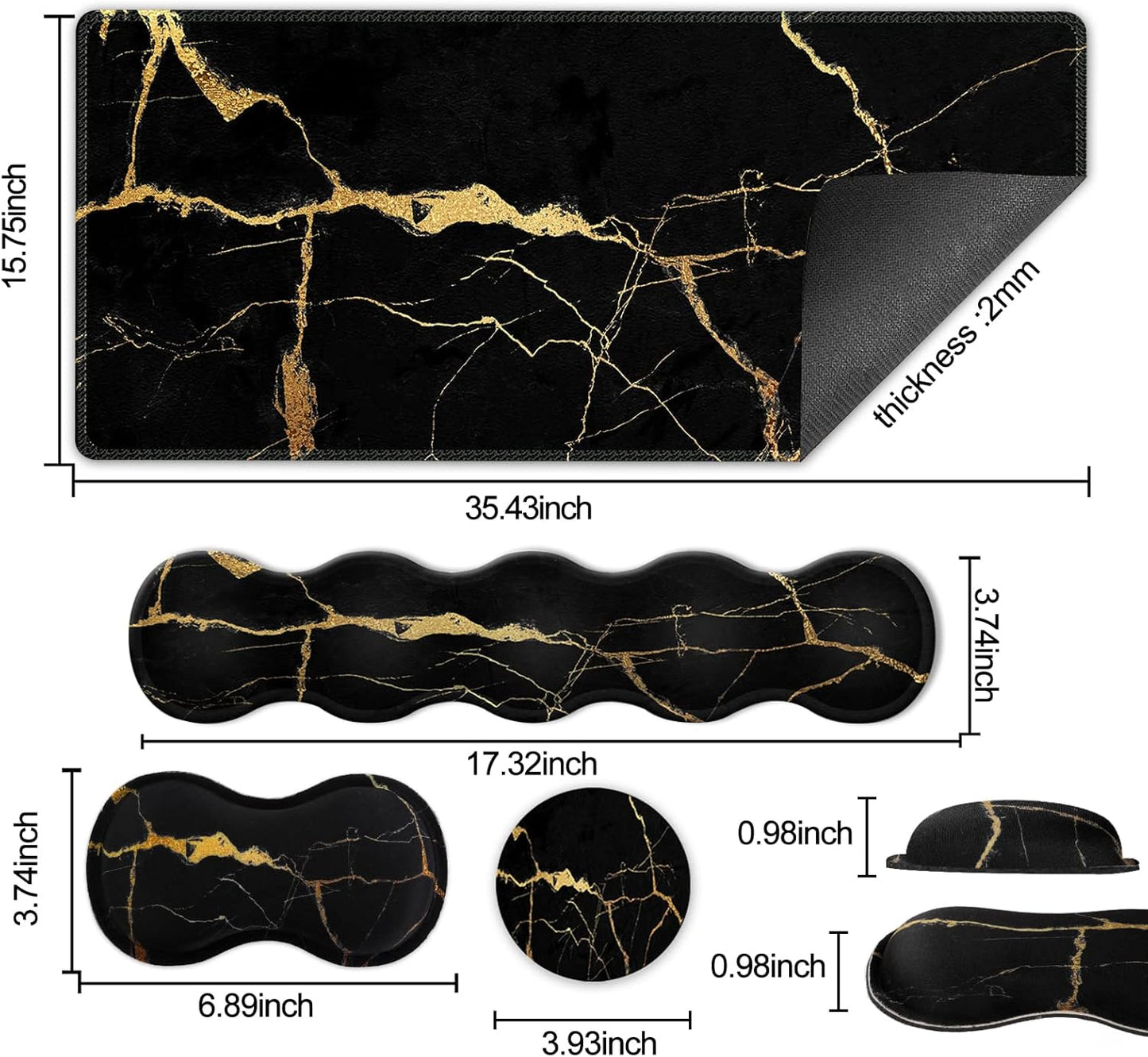 Large Gaming Mouse Pad Set with Wrist Support & Coaster - Stylish Black Gold Marble Desk Mat for Pain Relief & Comfort in Home Office - 35.4x15.7 inches