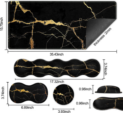 Large Gaming Mouse Pad Set with Wrist Support & Coaster - Stylish Black Gold Marble Desk Mat for Pain Relief & Comfort in Home Office - 35.4x15.7 inches