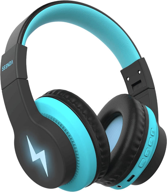 Children's Bluetooth Headphones - Wireless, Volume-Limited, 45 Hours Playtime, Built-In Microphone & Auxiliary Cord - Ideal for School - Black and Blue