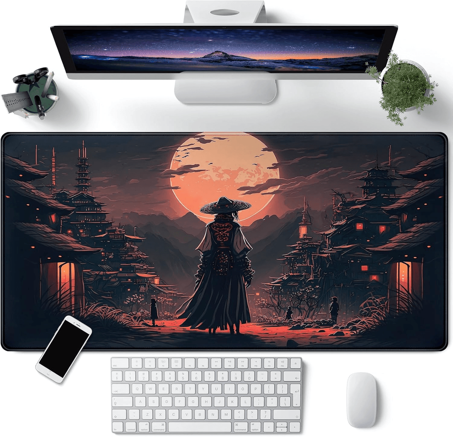 Japanese Landscape Desk Mat - Moonlight Samurai Mouse Pad XXL
