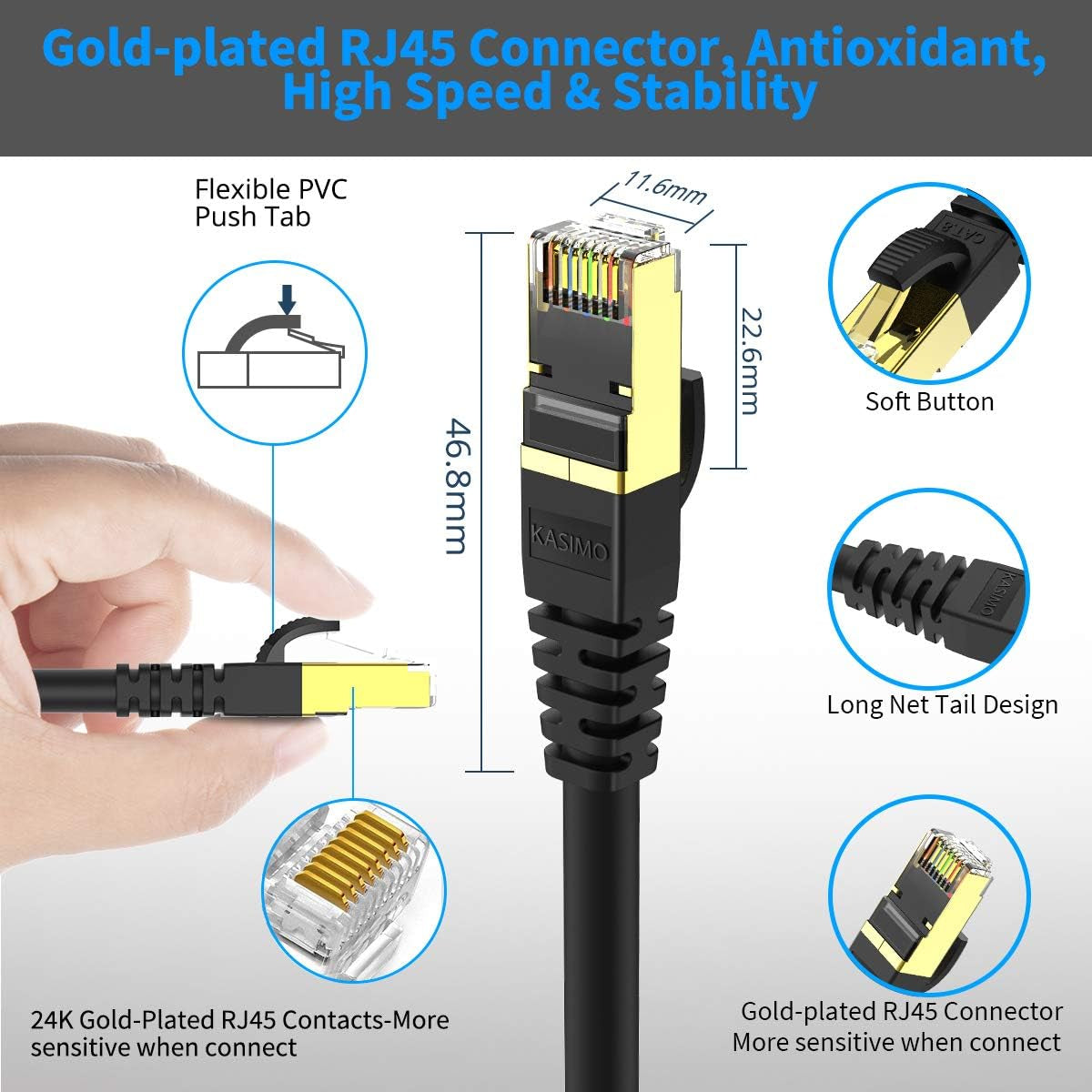 5FT Cat 8 Ethernet Cable - High-Speed 40Gbps SFTP Shielded LAN Cable with Gold-Plated RJ45 Connectors for Optimal Gaming and Streaming Performance
