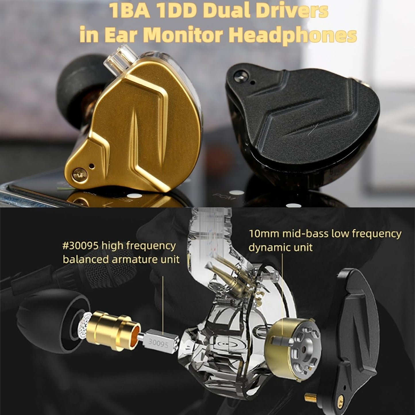 KZ ZSN PRO X High-Fidelity Gaming Earbuds - Hybrid Dual Driver In-Ear Monitors with Detachable Tangle-Free Cable (Gold, Without Microphone)