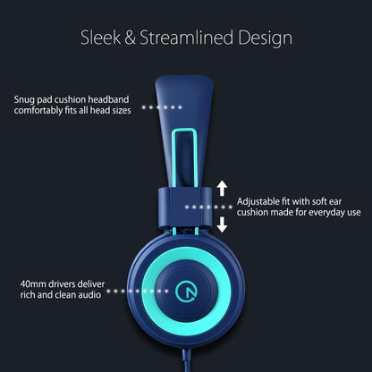 K11 Children's Foldable Stereo Headphones - Tangle-Free Wired On-Ear Headset for School and Travel (Navy/Teal)