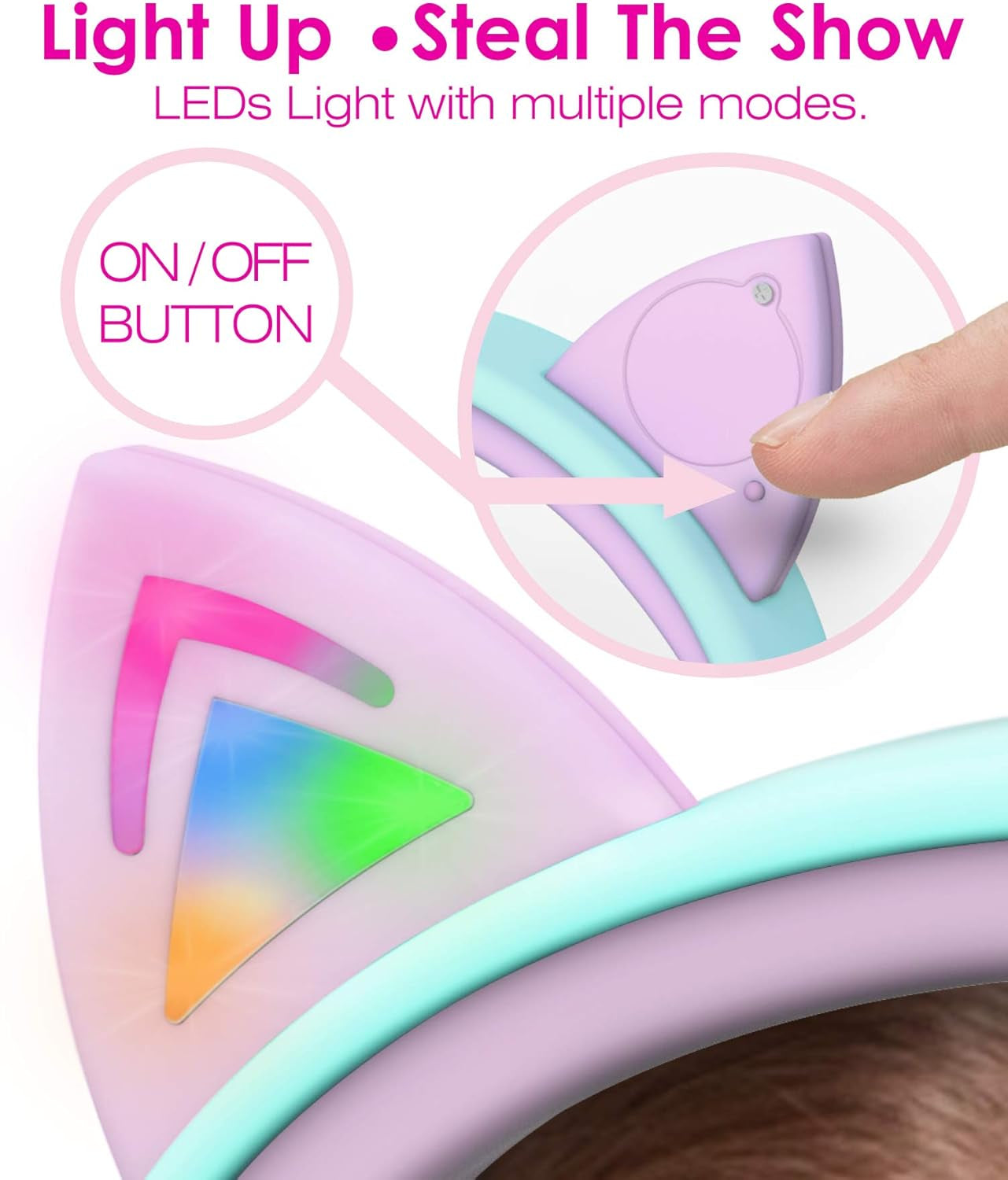 Children's LED Cat Ear Headphones - Safe 85dB Volume Limiting, Comfortable On-Ear Design, Tangle-Free Cables for Tablets and Travel - Teal and Light Purple