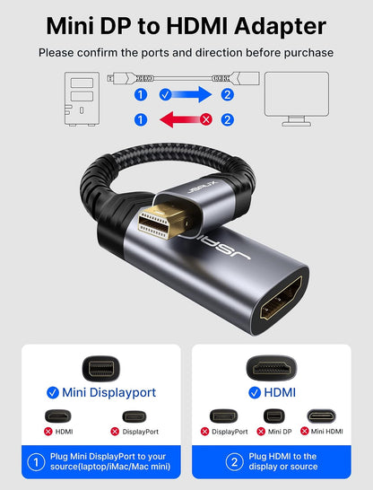 Mini Displayport to HDMI Adapter, Mini DP to HDMI Adapter Nylon Braided Aluminum Shell Compatible with Macbook Air/Pro, Microsoft Surface Pro/Dock, Monitor, Projector and More-Gray