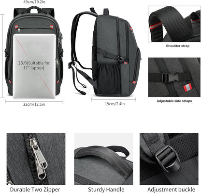 Waterproof 17" Laptop Backpack - Large Capacity Rucksack with USB Charging Port for School, Work & Travel - Stylish Grey Design for Men & Women