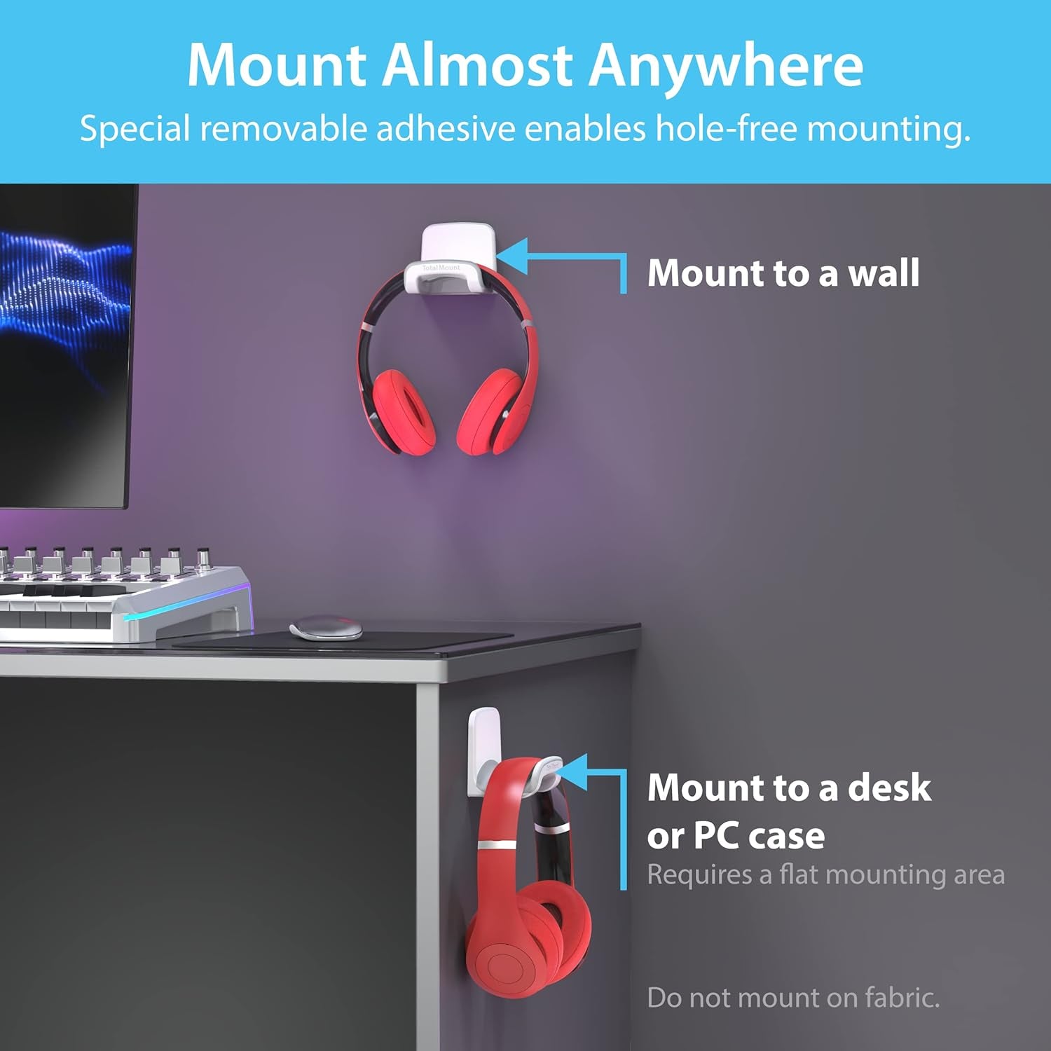Studio-Grade Headphone Holder - Wall-Mounted Hanger Without Screws or Adhesive (White)