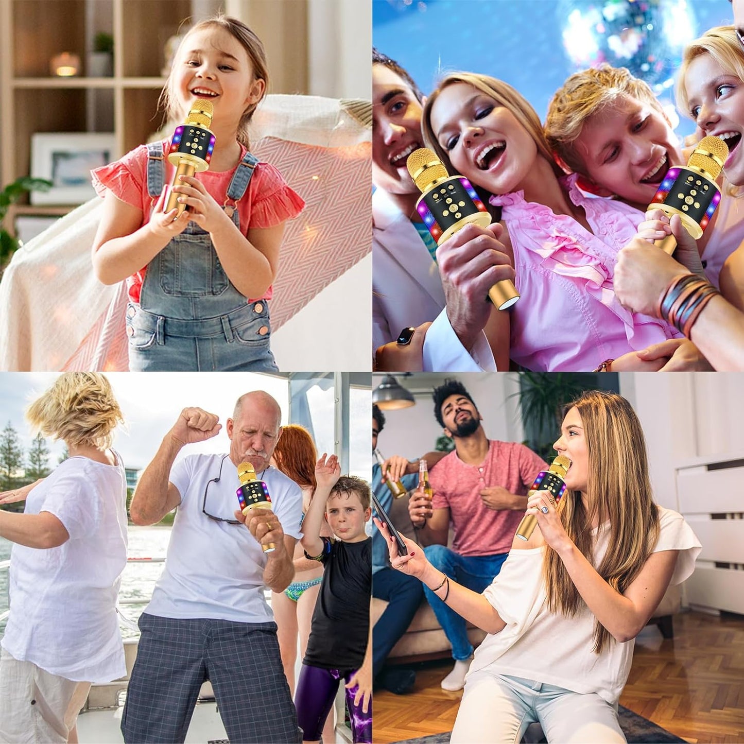 Bluetooth Karaoke Microphone with Disco Lights - Portable Singing Mic for Kids & Adults, Perfect for Parties and Travel (Gold)