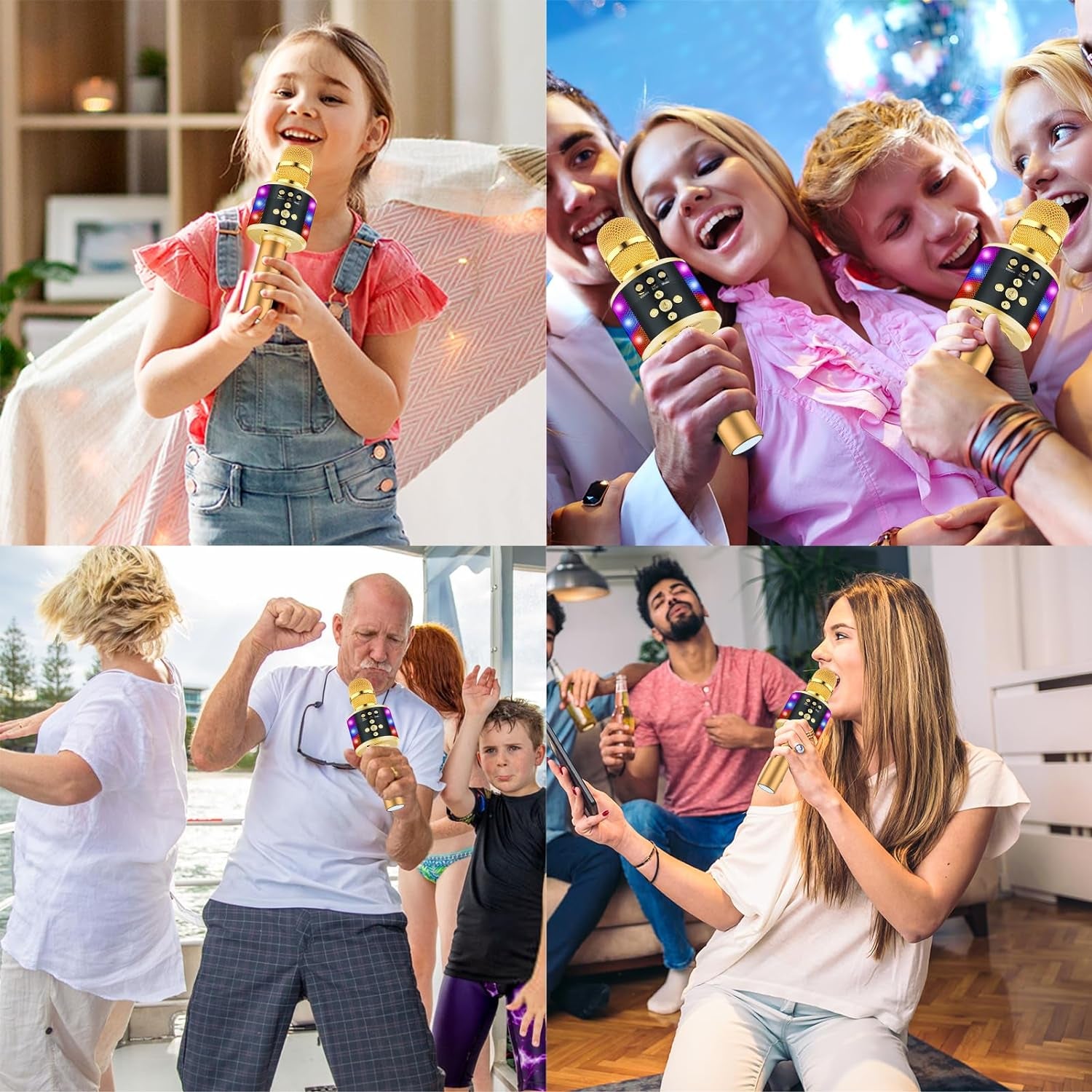 Bluetooth Karaoke Microphone with Disco Lights - Portable Singing Mic for Kids & Adults, Perfect for Parties and Travel (Gold)
