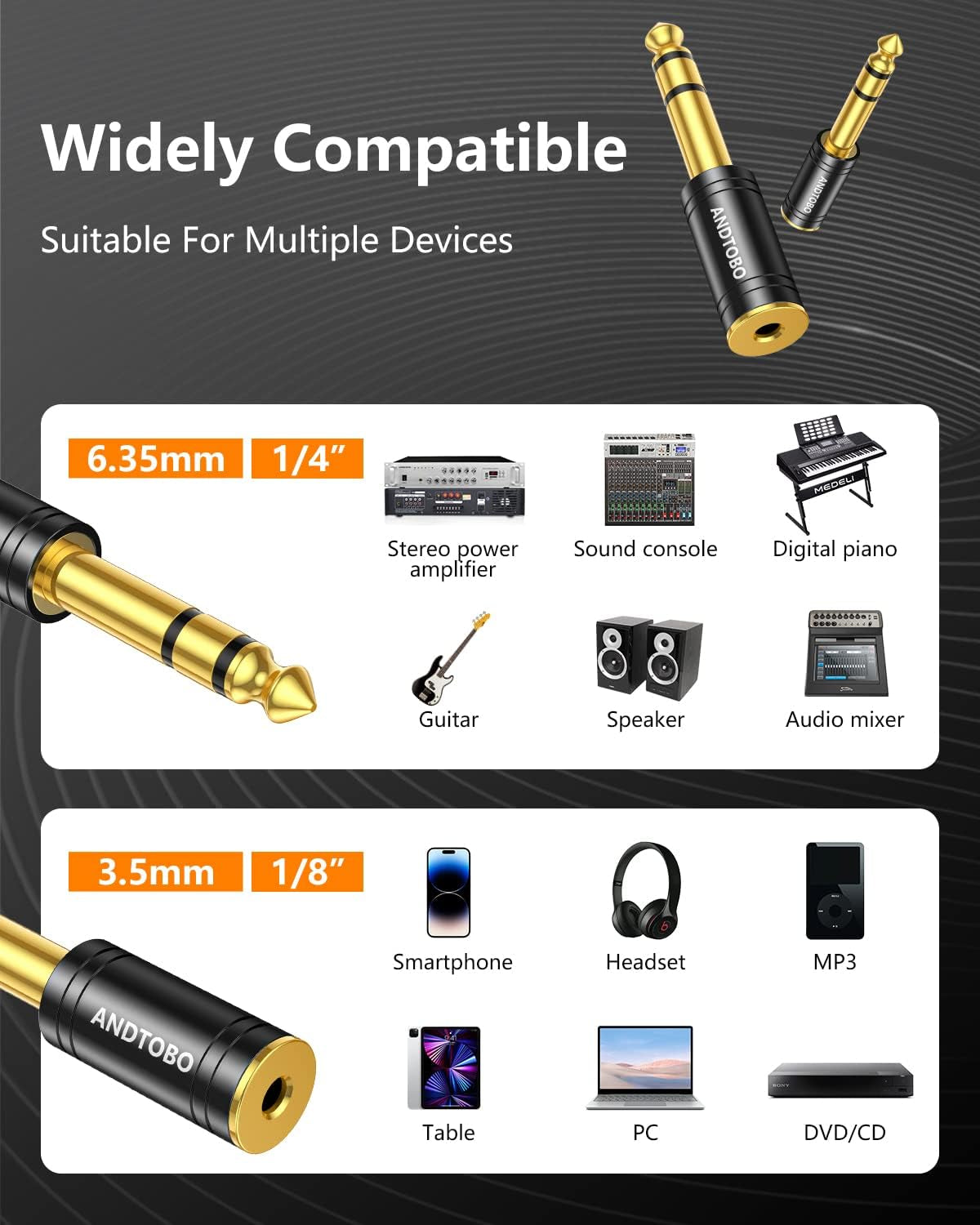 Premium 1/4 Inch Male to 3.5mm Female Stereo Audio Jack Adapter - Pure Copper, 2 Pack - Ideal for Headphones and Amplifiers