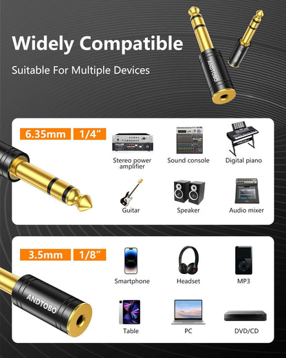 Premium 1/4 Inch Male to 3.5mm Female Stereo Audio Jack Adapter - Pure Copper, 2 Pack - Ideal for Headphones and Amplifiers