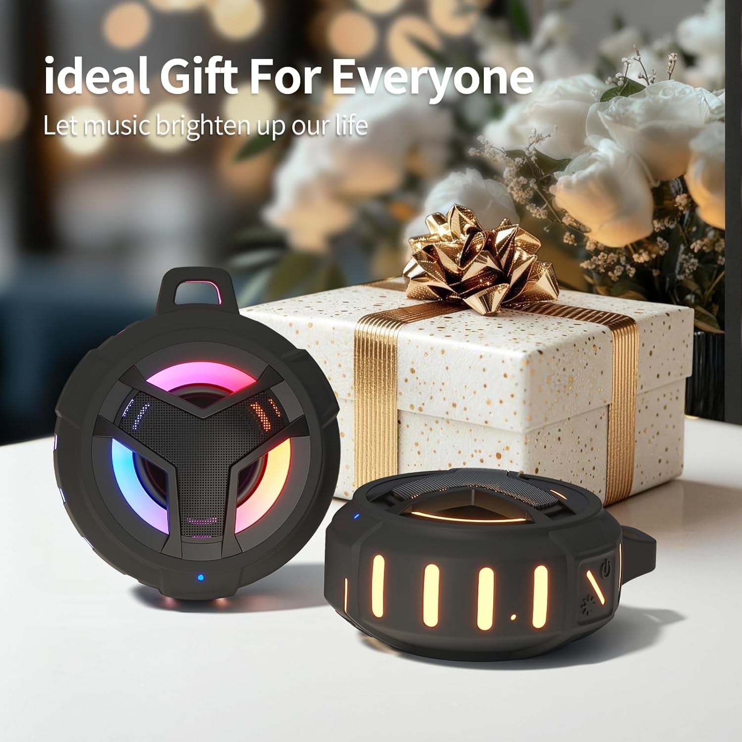 Waterproof Bluetooth Shower Speaker - Portable LED Wireless Speaker with True Wireless Stereo and 2000mAh Battery, Floats on Water - Ideal for Kayaking, Beach Activities, and Gift Giving - Black
