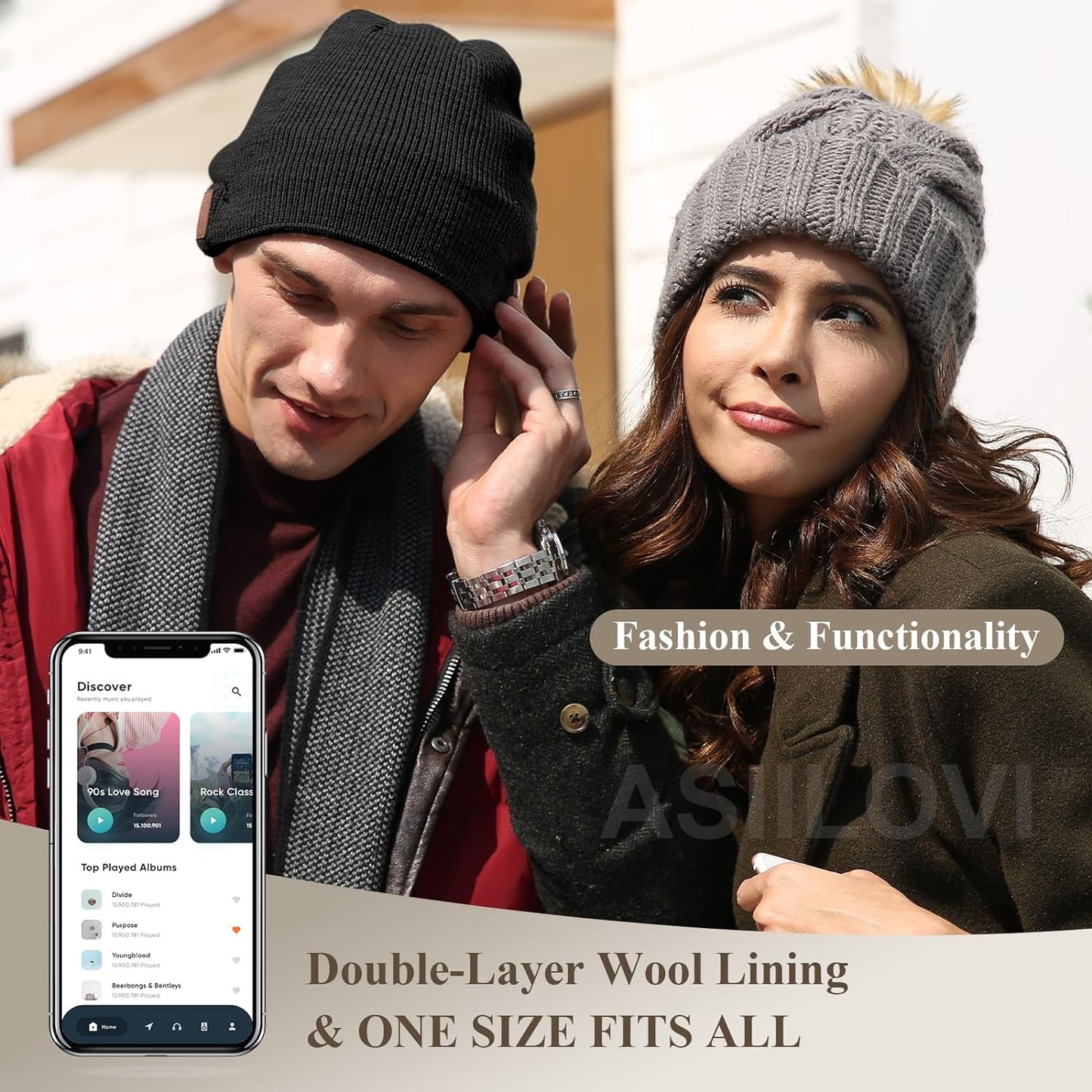 Bluetooth Beanie with Double-Layer Wool Lining - 20 Hours of Playtime, Ideal Gift for All Ages (Black)
