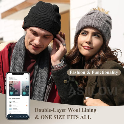 Bluetooth Beanie with Double-Layer Wool Lining - 20 Hours of Playtime, Ideal Gift for All Ages (Black)