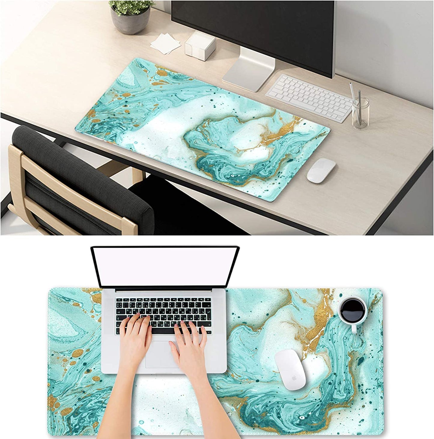 XXL Extended Gaming Mouse Pad - Non-Slip Rubber Base, Stitched Edges, Teal Turquoise Marble Design - Perfect for Work, Gaming, and Home Office - 35.1 x 15.7 Inches