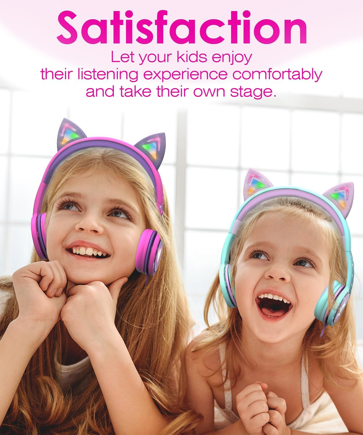 Children's LED Cat Ear Headphones - Safe 85dB Volume Limiting, Comfortable On-Ear Design, Tangle-Free Cables for Tablets and Travel - Teal and Light Purple