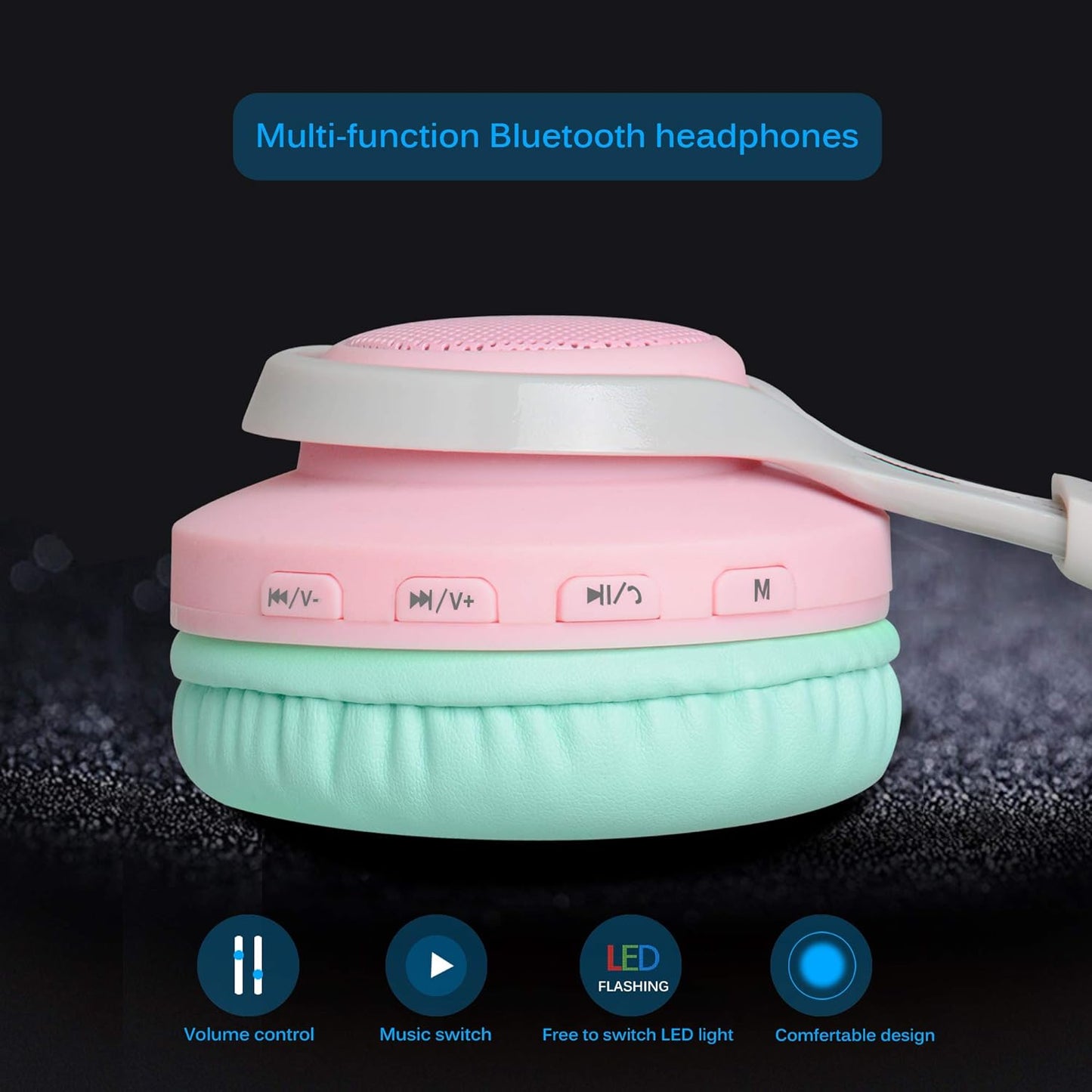 WT-7S Wireless Bluetooth Headphones with Microphone and Volume Control - Foldable Stereo Headset for PC, Tablet, TV, and Travel (Pink Green)