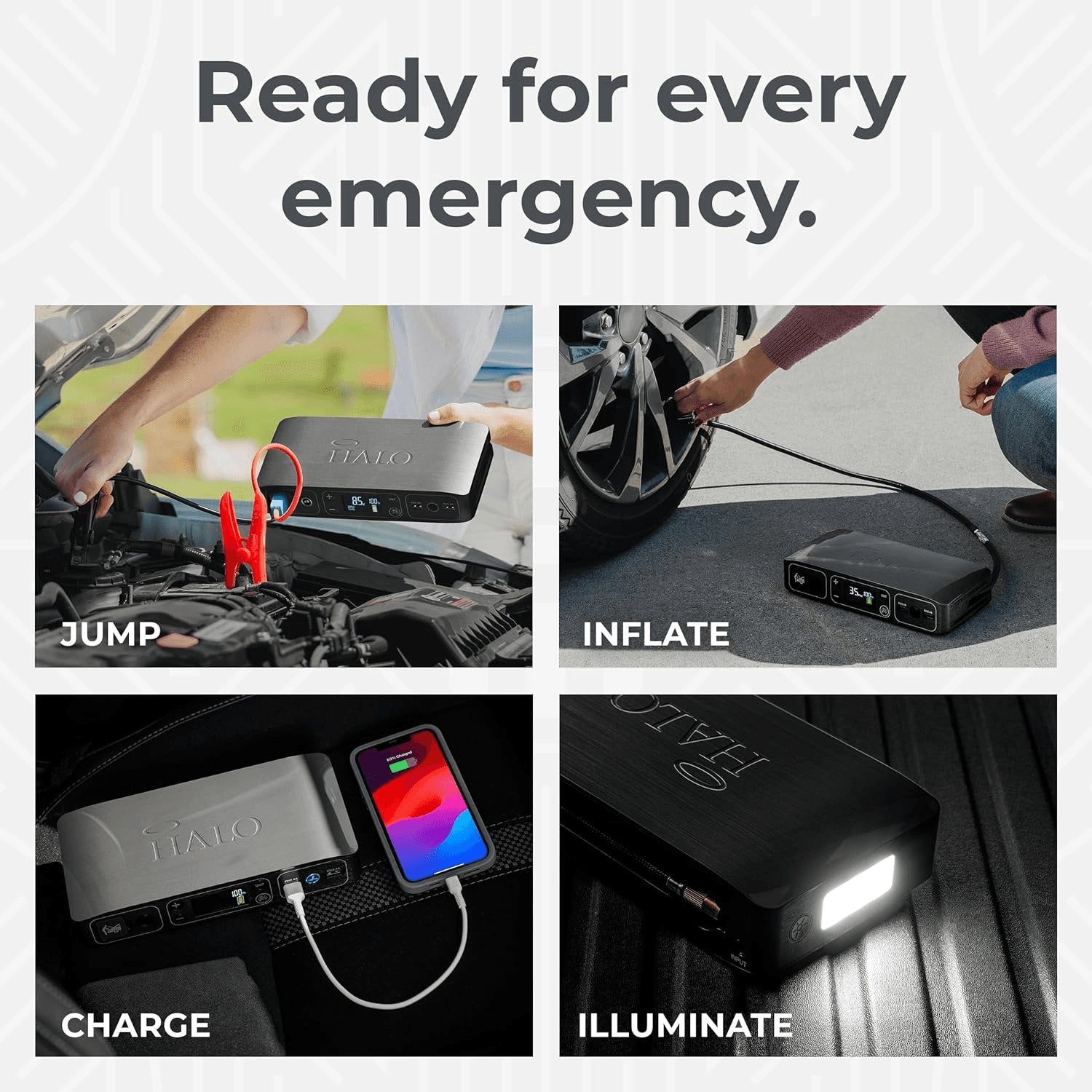 Bolt Air 58830 Portable Car Battery Jump Starter | 100 PSI Air Compressor, 58.8Wh USB Power Bank, Emergency Floodlight & Charger, Jumps Cars Suvs & Trucks, Inflates Tires, TSA Approved — Gray