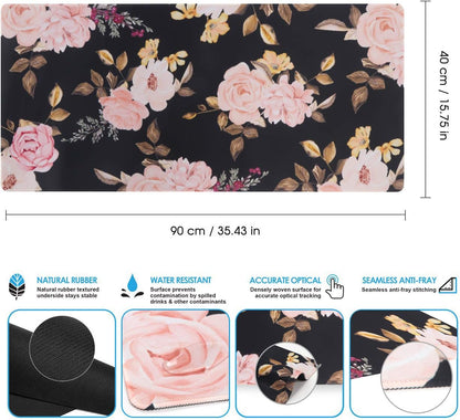 Peony Large Gaming Mouse Pad - Non-Slip Rubber Base, Waterproof, Stitched Edges for Work & Play