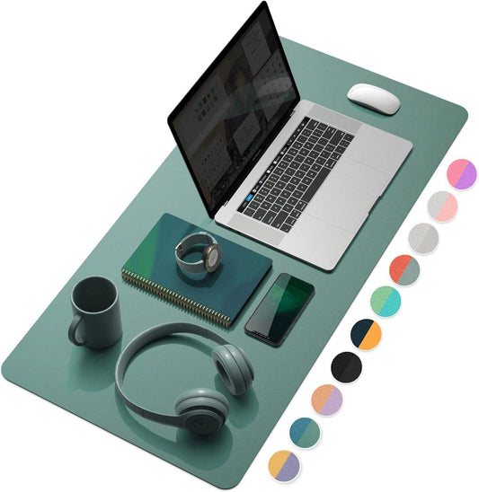 Dual-Sided Leather Desk Pad - 31.5" x 15.7" Waterproof Blotter in Pistachio Green & Green Blue for Office or Home