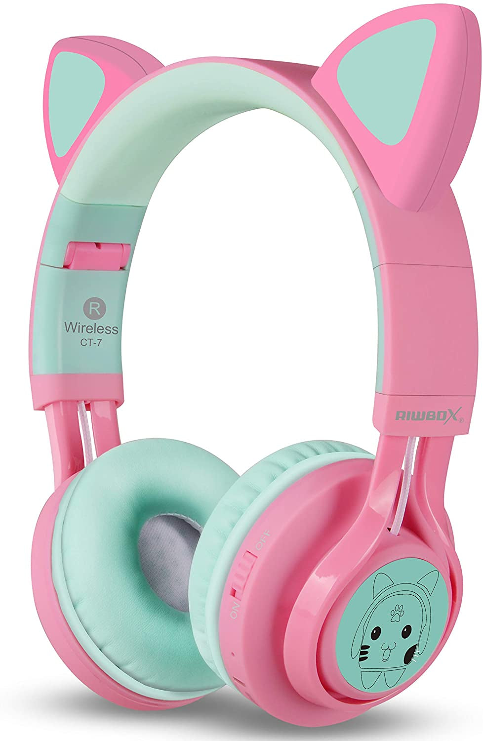 CT-7 Cat Ear Bluetooth Headphones for Kids - LED Light Up, Wireless Over Ear with Microphone & Volume Control - Perfect for Travel, School & Devices (Pink & Green)