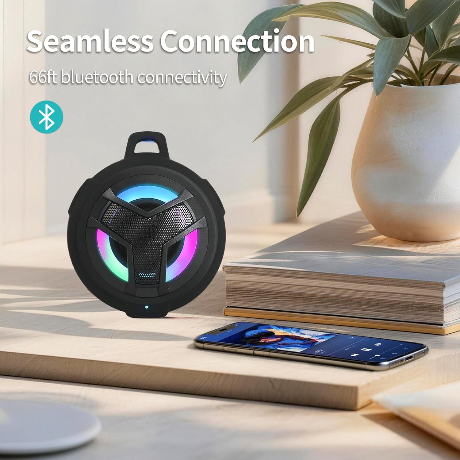 Waterproof Bluetooth Shower Speaker - Portable LED Wireless Speaker with True Wireless Stereo and 2000mAh Battery, Floats on Water - Ideal for Kayaking, Beach Activities, and Gift Giving - Black