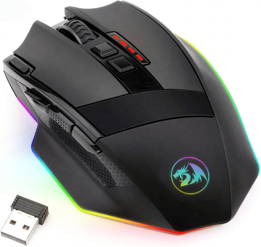 M801 Wireless RGB Gaming Mouse - 9 Programmable Macro Buttons, 16000 DPI, Rapid Fire for Ultimate Gaming Performance - Compatible with Windows and PC, Sleek Black Design