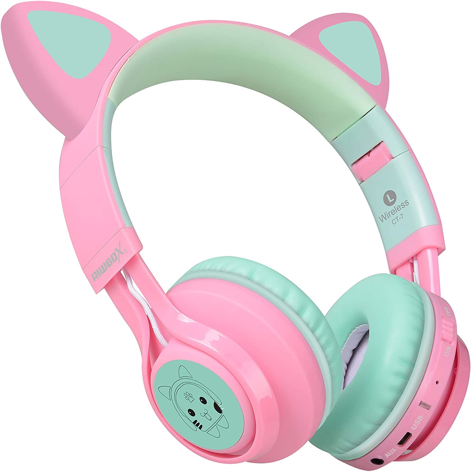 CT-7 Cat Ear Bluetooth Headphones for Kids - LED Light Up, Wireless Over Ear with Microphone & Volume Control - Perfect for Travel, School & Devices (Pink & Green)