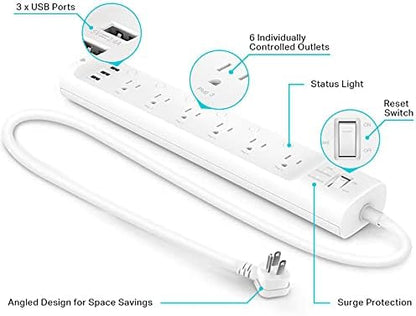 Kasa Smart Plug Power Strip HS300, Surge Protector with 6 Individually Controlled Smart Outlets and 3 USB Ports, Works with Alexa & Google Home, No Hub Required