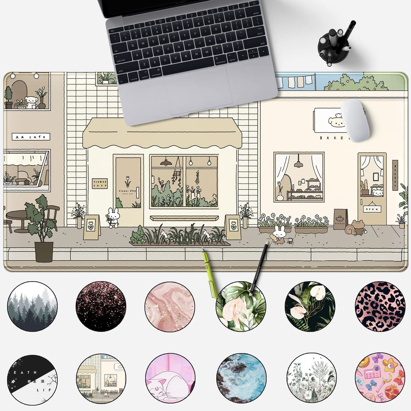 Adorable Kawaii Bunny & Bear Extra Large Desk Mat - Pastel Beige, Brown & Green Anime Mousepad for a Cute Workspace