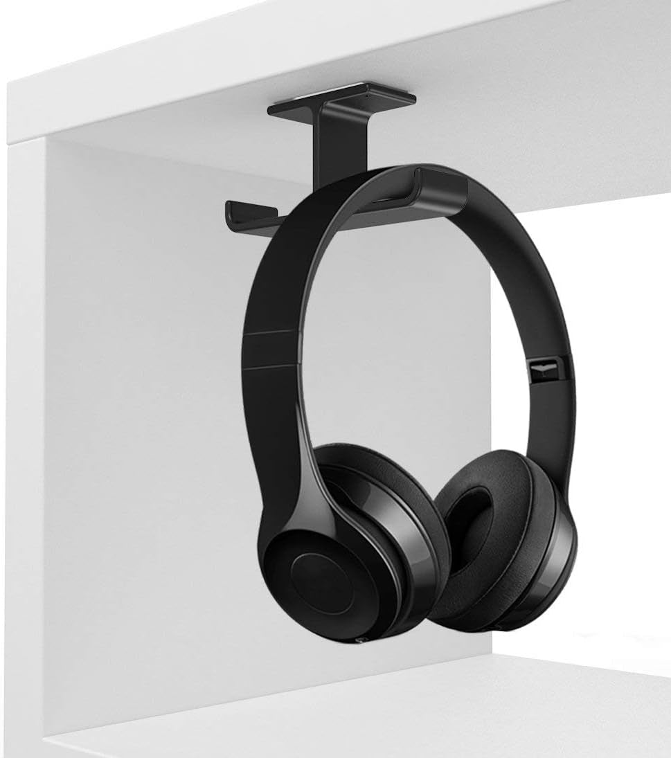 Premium Dual Headphone Hanger Stand - Space-Saving Aluminum Hook for Desk, Versatile Mounting Options for All Headphones, Sleek Black Design