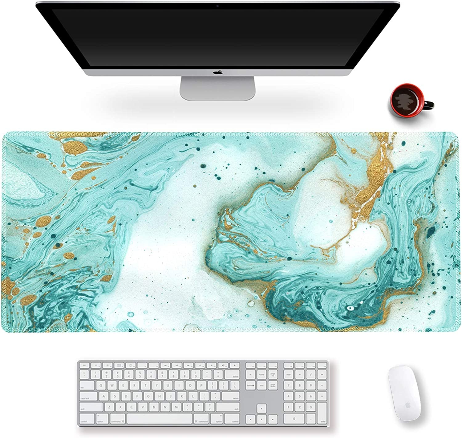 XXL Extended Gaming Mouse Pad - Non-Slip Rubber Base, Stitched Edges, Teal Turquoise Marble Design - Perfect for Work, Gaming, and Home Office - 35.1 x 15.7 Inches