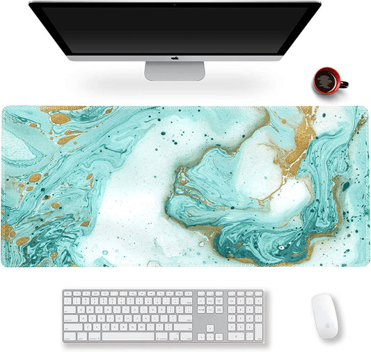 XXL Extended Gaming Mouse Pad - Non-Slip Rubber Base, Stitched Edges, Teal Turquoise Marble Design - Perfect for Work, Gaming, and Home Office - 35.1 x 15.7 Inches